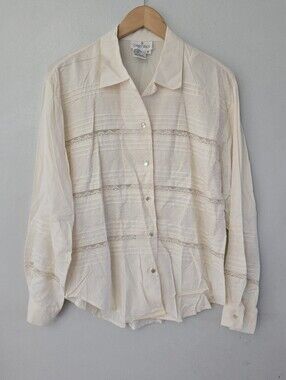 Carry Back Beige Ivory Lace Blouse 80s Victorian Cottagecore Size 6